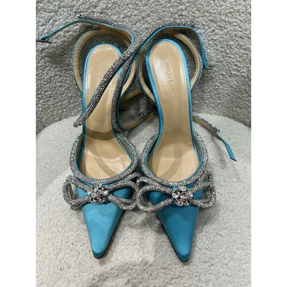 Mach & Mach Crystal Embellished Double Bow Heels Blue Satin, Size 38 - Like New - Picture 1 of 9